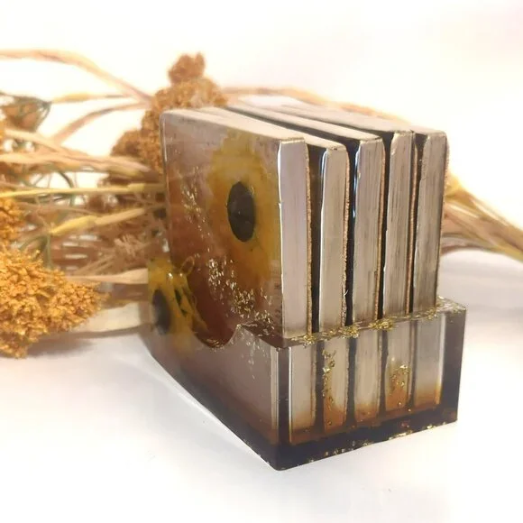 Handmade Resin Sunflower Coaster Set With Holder Inspirational Rustic Farmhouse - Picture 4 of 12